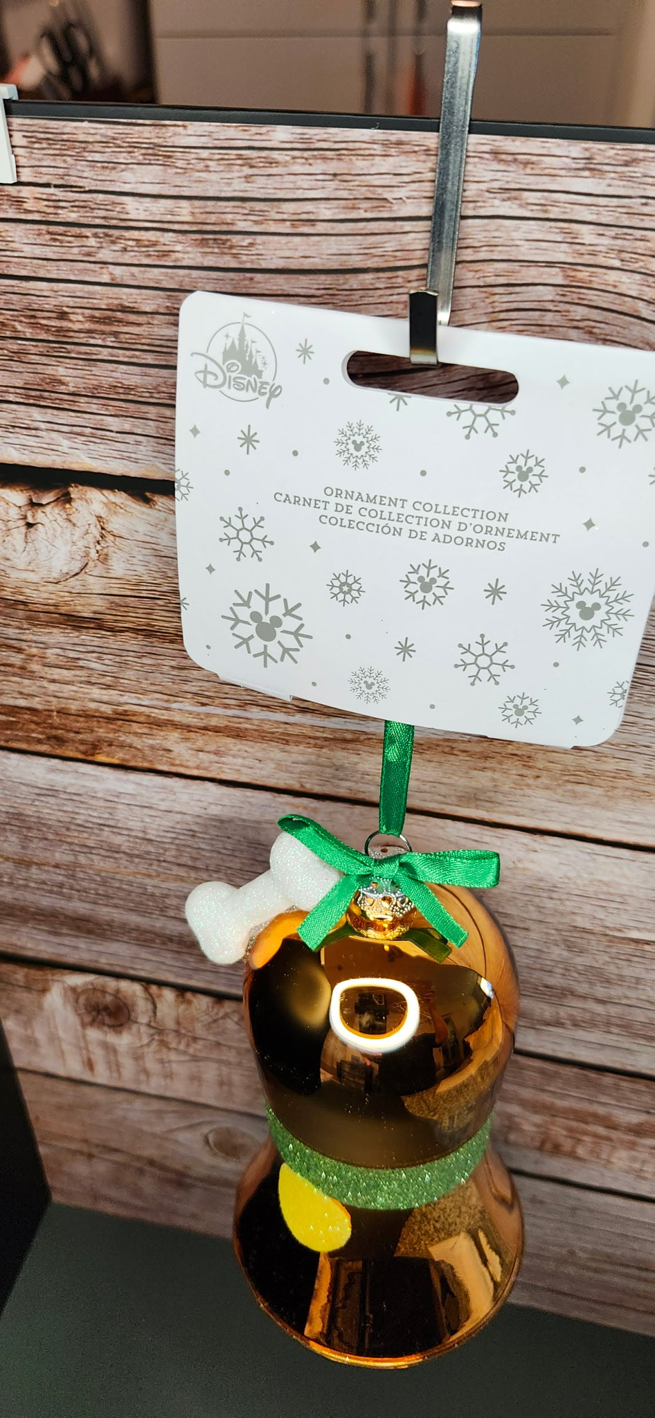 Disney Pluto Bell Glass Christmas Ornament Copper Glitter Bone NWT 6"