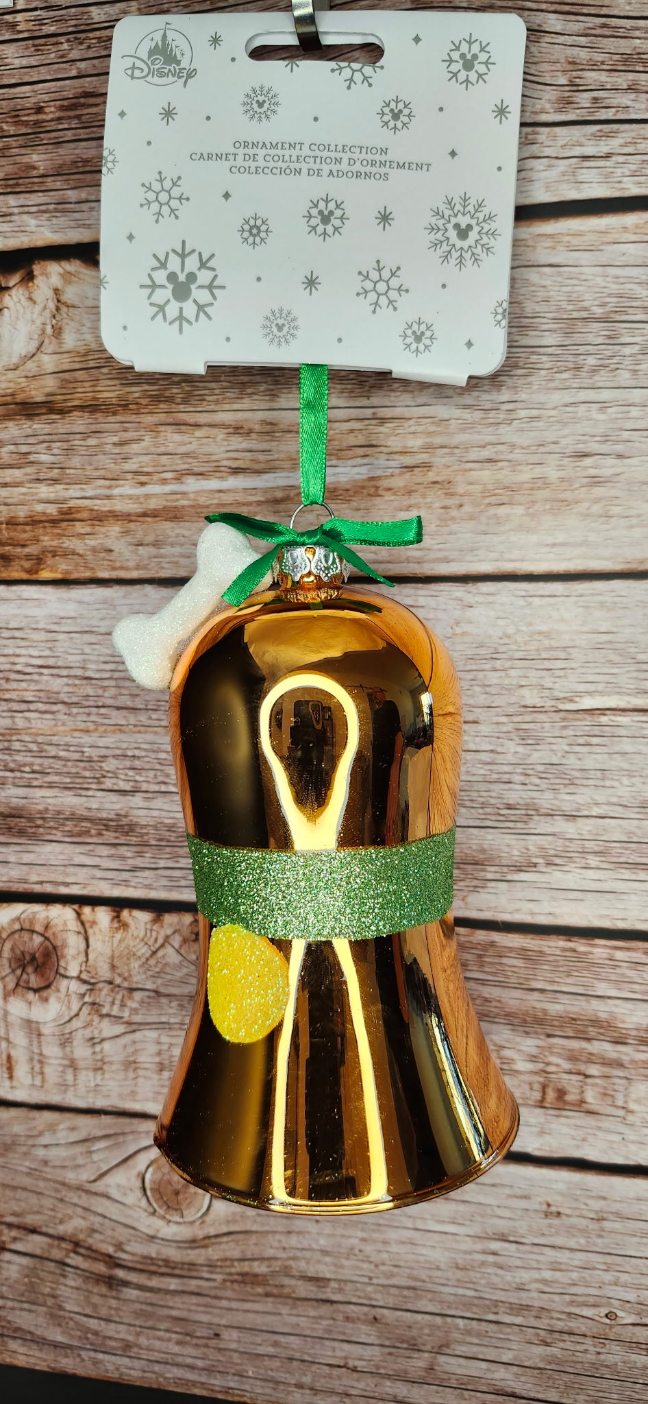 Disney Pluto Bell Glass Christmas Ornament Copper Glitter Bone NWT 6"