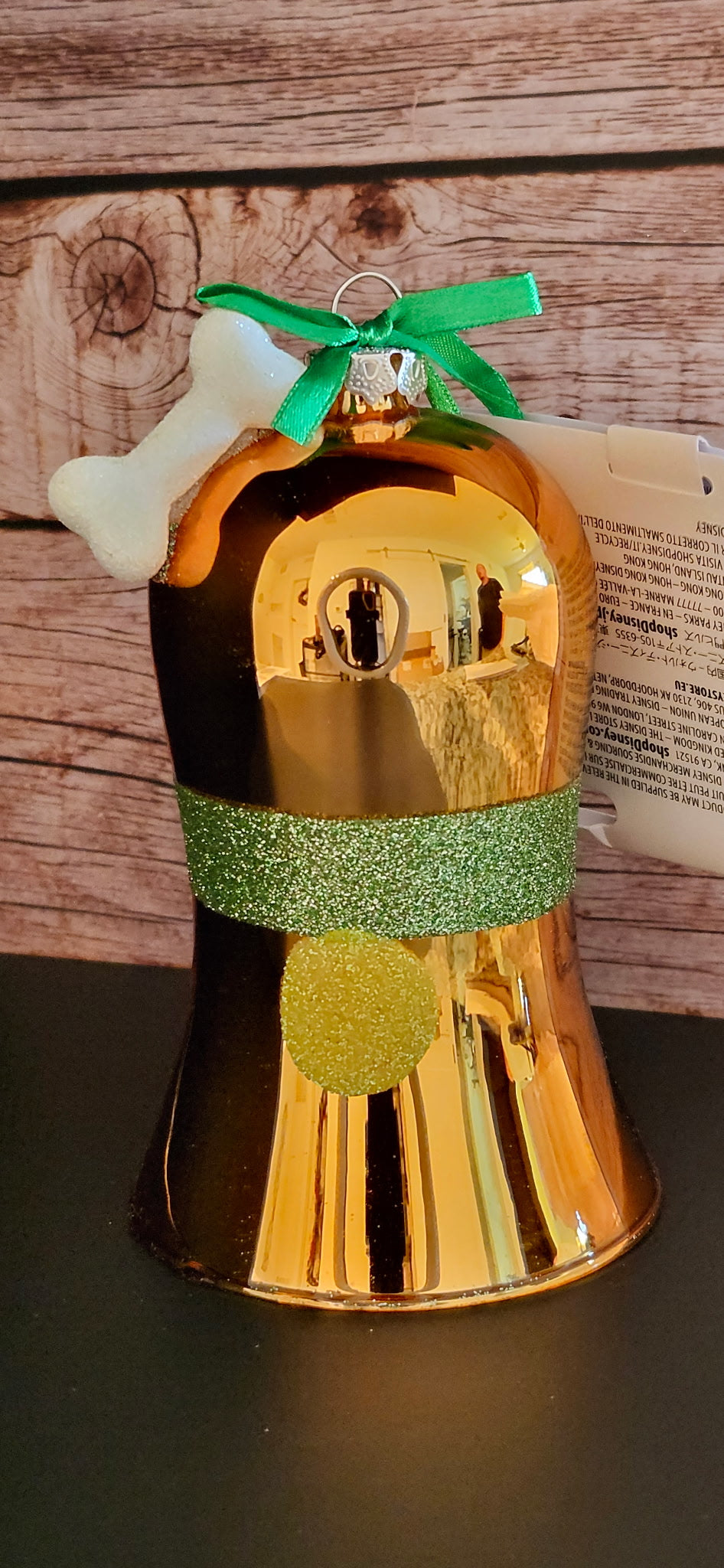 Disney Pluto Bell Glass Christmas Ornament Copper Glitter Bone NWT 6"