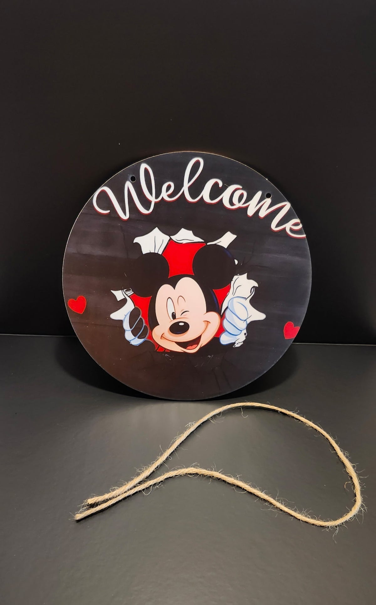 Mickey Mouse Welcome Wood Hanging Sign 8" Round Disney Home Decor NWT