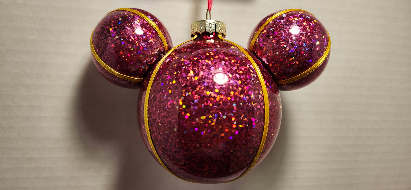Disney Sketchbook Mickey Icon Pink Glitter Glass Ornament NWT