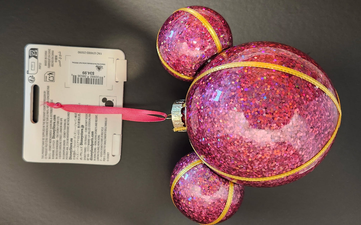 Disney Sketchbook Mickey Icon Pink Glitter Glass Ornament NWT
