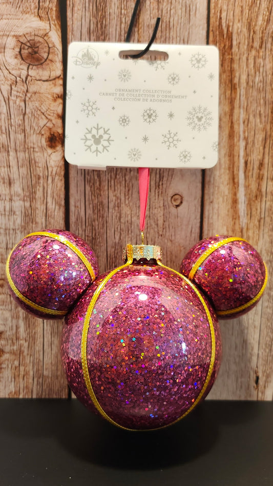 Disney Sketchbook Mickey Icon Pink Glitter Glass Ornament NWT