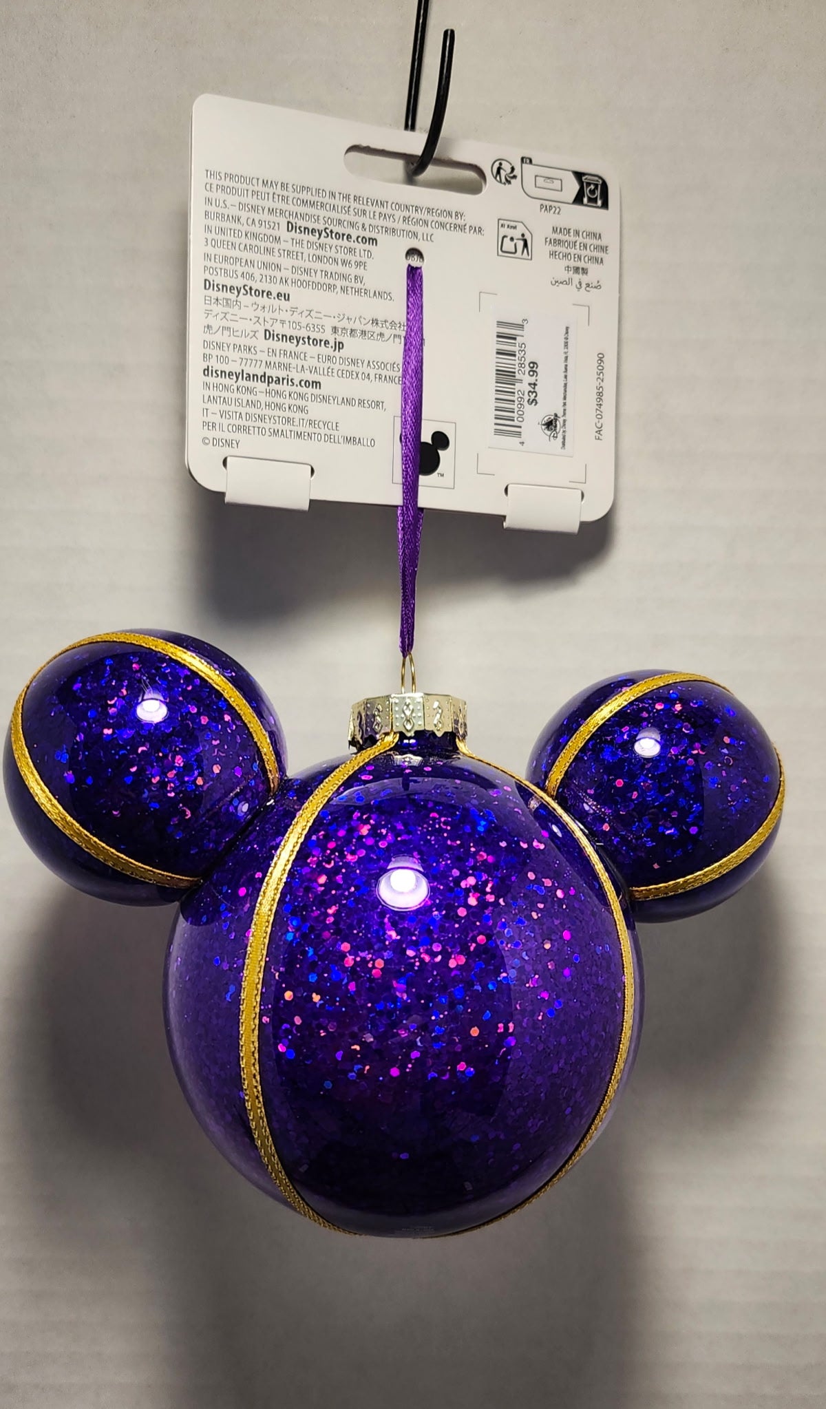 Disney Sketchbook Mickey Icon Purple Glass Glitter Ornament NWT